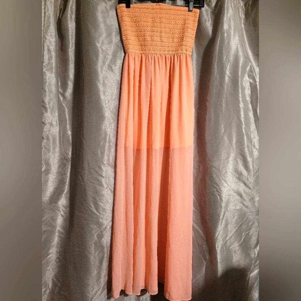 Love J peach strapless full-length sheer maxi dress medium NWT